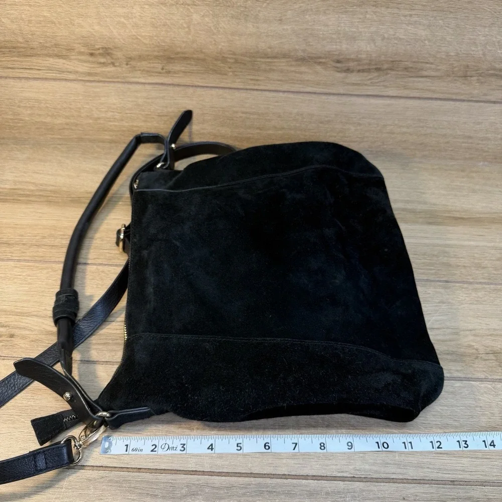 H&M Black Suede Slouchy Hobo Drawstring Shoulder Crossbody Bag Leather Boho